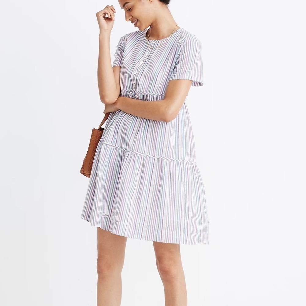 Madewell Striped Crewneck Button-Front Tiered Mini Dress Lined Small